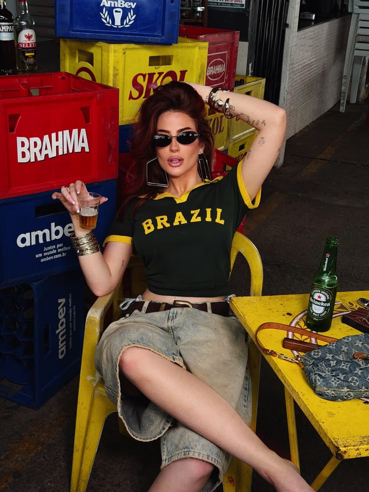 Modelo com camisa Brasil entre engradados de cerveja